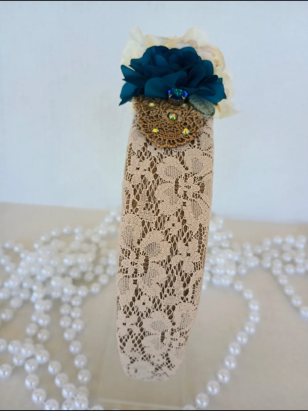 Handmade Vintage Floral Headband Ivory & Teal Romantic Boho Hair Accessory.